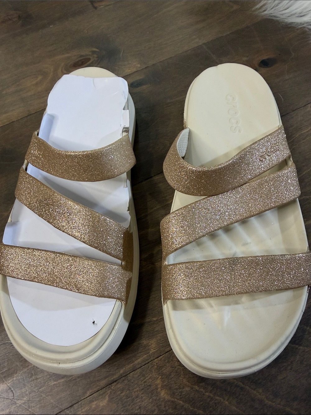 CROCS Women's Glitter Triple-Strap Slide Sandals in Rose Gold and Cream